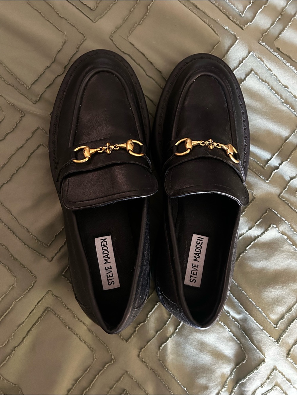 Steve Madden Black Leather Loafers with Gold Horsebit